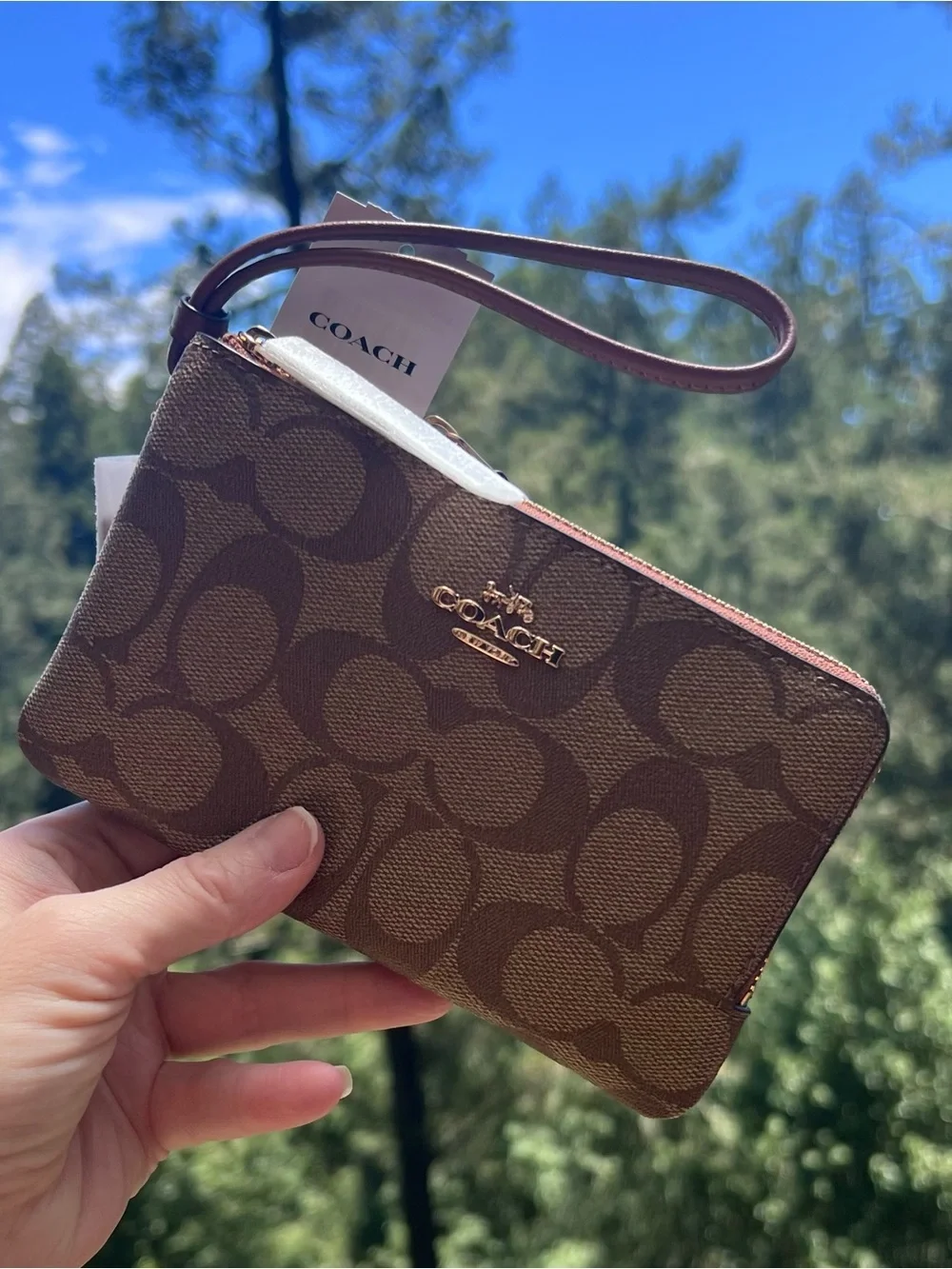 COACH Double Zip Corner Wallet Wristlet in Khaki/Redwood (small) NWT